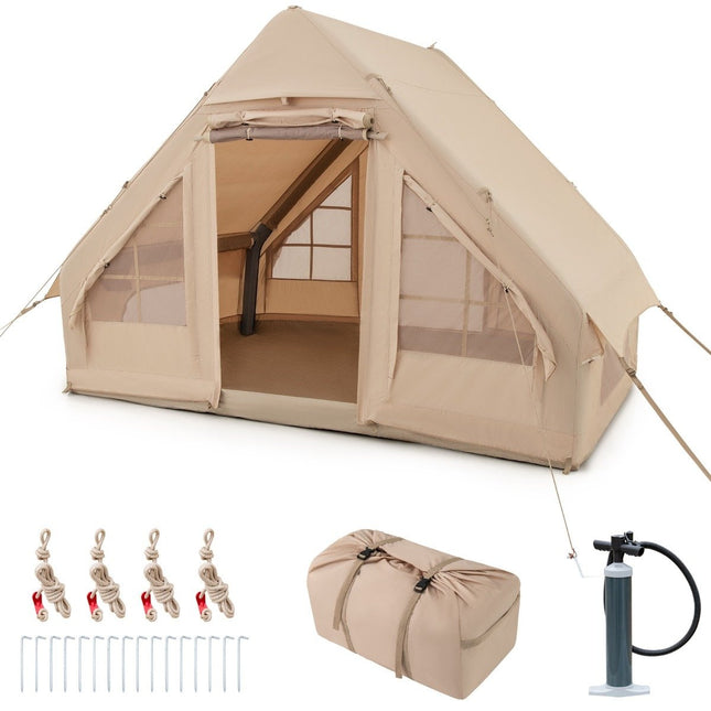 Opblaasbare katoenen kampeertent voor 4-6 personen met pomp en strandtent met 7 ramen