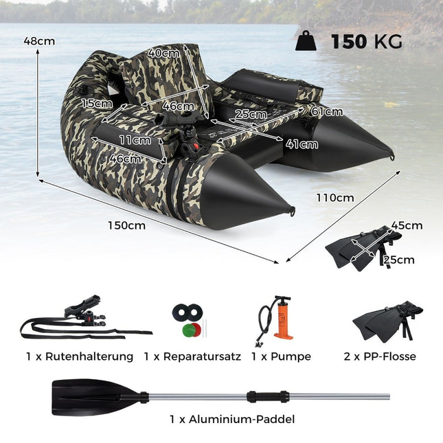 Opblaasbare boot met vinnen, visliniaal en hengelhouder, camouflage voor vissersboot