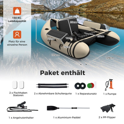 Inflatable Fishing Float Tube with Adjustable Backrest, 135x109x54 cm