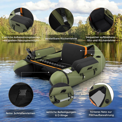 Inflatable Fishing Float Tube with Adjustable Backrest, 135x109x54 cm, Green