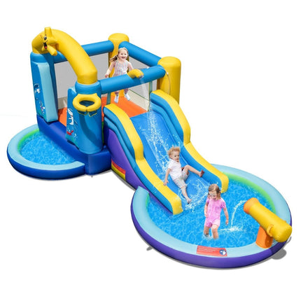 Inflatable Water Slide Park with 2 Pools & 680W Blower & Water Cannon Blue
