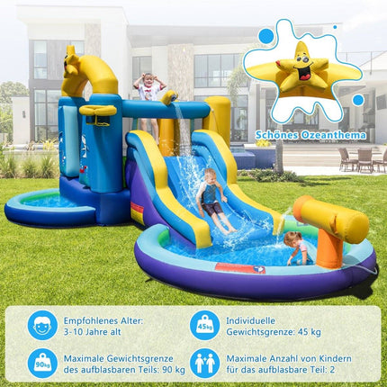 Inflatable Water Slide Park with 2 Pools & 680W Blower & Water Cannon Blue
