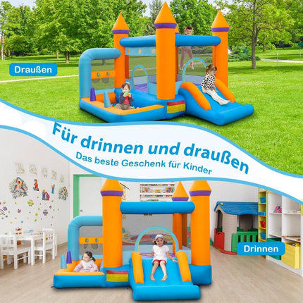 Inflatable bouncy castle for children with ball pit & slide & ring toss game. Includes 735W blower