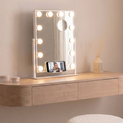 InnovaGoods Glarisse Tilting Hollywood Vanity Mirror, 12 LED Bulbs, Phone Holder