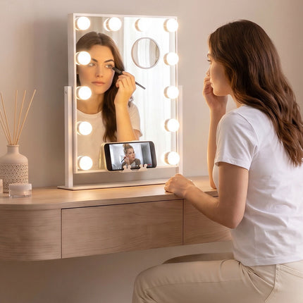 InnovaGoods Glarisse Tilting Hollywood Vanity Mirror, 12 LED Bulbs, Phone Holder