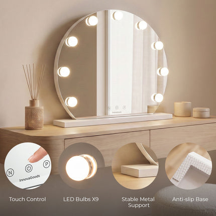 InnovaGoods Gloette Round Hollywood Vanity Mirror, 9 LED Bulbs, White
