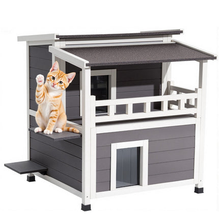 Insulated Outdoor Cat House, 2-Story Wooden, Waterproof