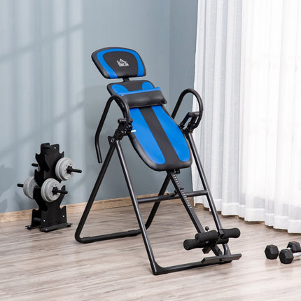 Folding inversion bench with wheels, adjustable cushion