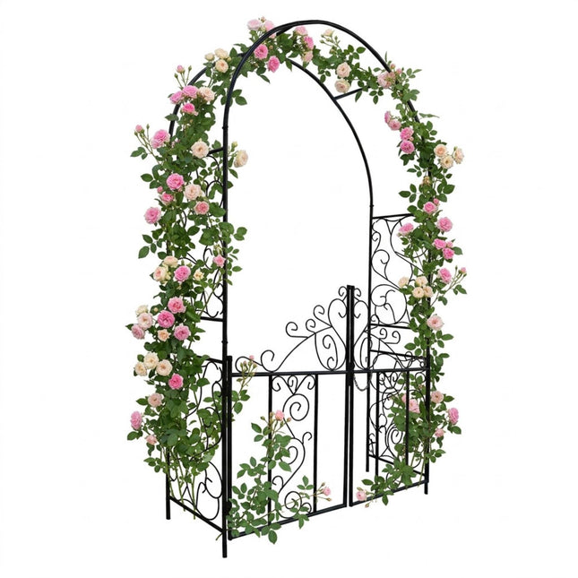 Iron Rose Arch with Gate, Black, 230x130x38 cm