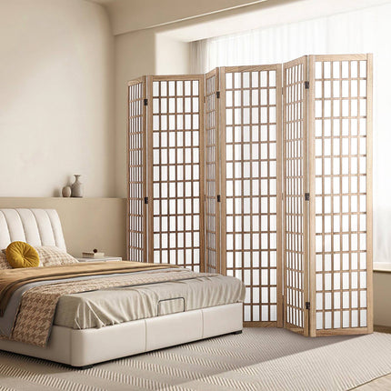 Japanese Room Divider, 6 Panel Folding Privacy Screen, Wood, 95.3 x 66.9 in