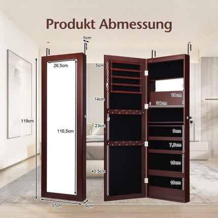 Jewelery cabinet with mirror, cosmetic cabinet with lined shelves, hooks and compartments, brown