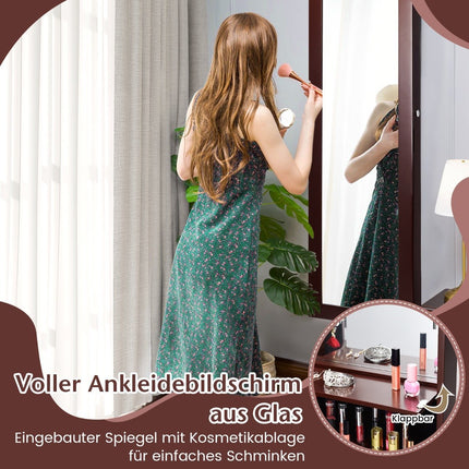 Jewelery cabinet with mirror, cosmetic cabinet with lined shelves, hooks and compartments, brown