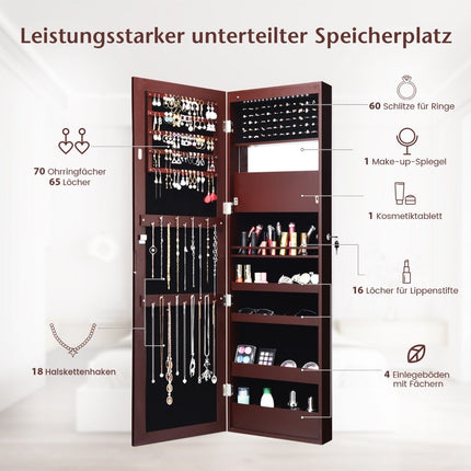 Jewelery cabinet with mirror, cosmetic cabinet with lined shelves, hooks and compartments, brown