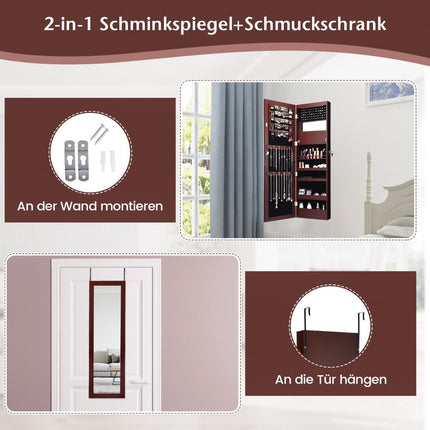 Jewelery cabinet with mirror, cosmetic cabinet with lined shelves, hooks and compartments, brown
