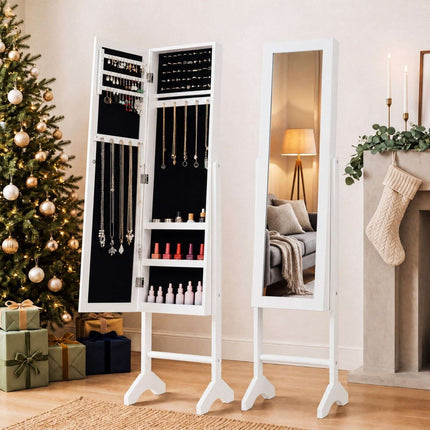 Jewelry Armoire with Mirror, Velvet Lining, White