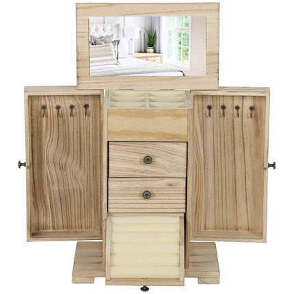 Jewelry Box with Mirror, 4-Tier, Brown Paulownia Wood