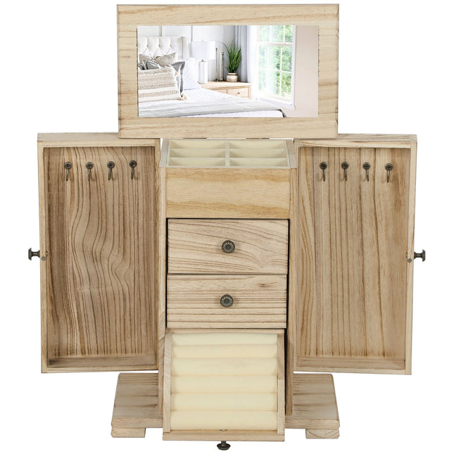 Jewelry Box with Mirror, 4-Tier, Brown Paulownia Wood