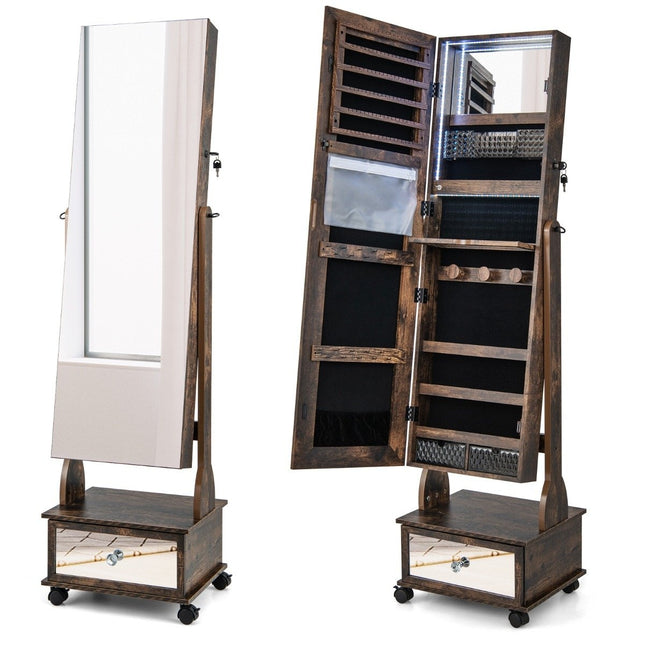 Jewelry Cabinet with 3 Mirrors & Drawer & Wheels & Lights Jewelry Mirror Rustic Brown