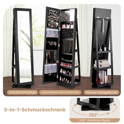 Jewelry Cabinet with Full-Length Mirror, Black, Lockable