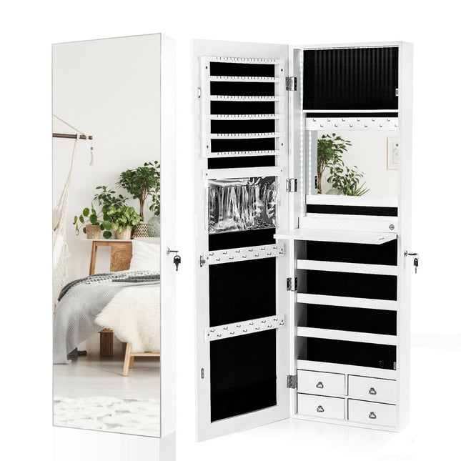 Jewelry Cabinet with LED, Full-Length Mirror, White