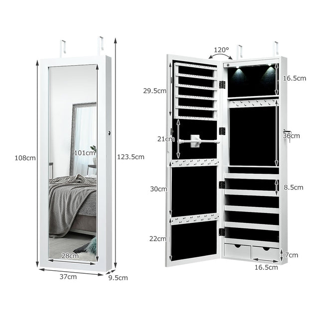 Jewelry Cabinet with LED Lights, Mirror, Wall/Door Mount