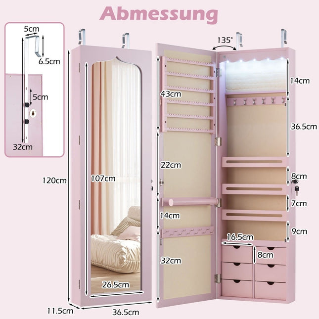 Jewelry Cabinet with Mirror, LED, Lockable, Pink