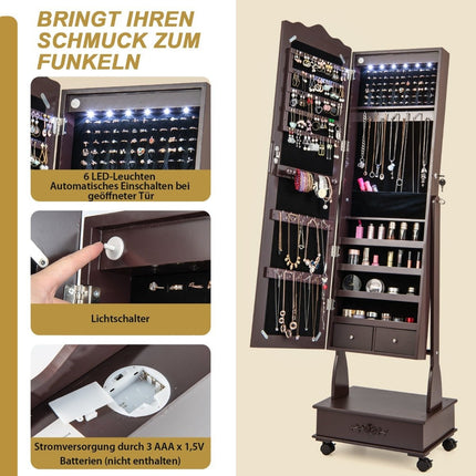 Jewelry cabinet mirror cabinet with full-length mirror & drawers & LED brown