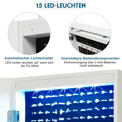 Jewelry cabinet with 15 LED lights & full-length mirror & door/wall mounting white