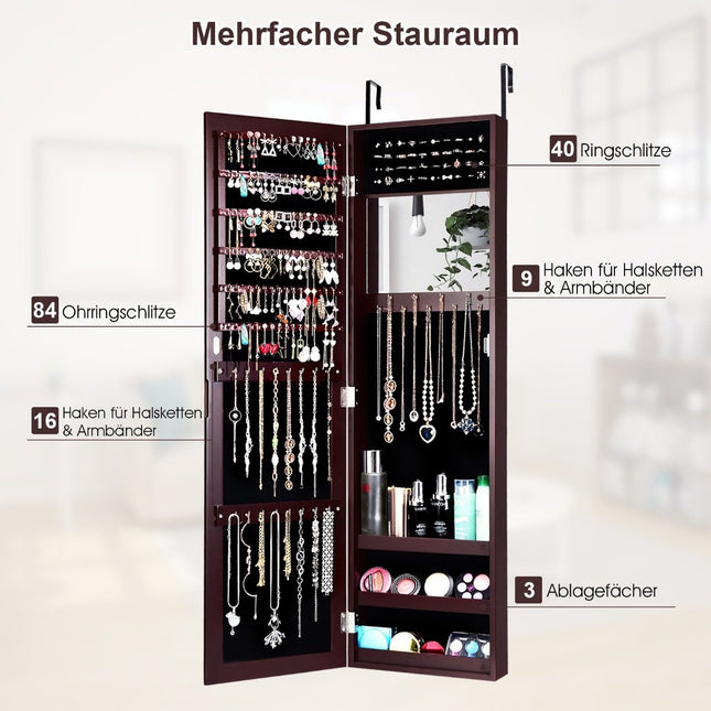 Jewelry cabinet with full-length mirror and built-in brown makeup mirror