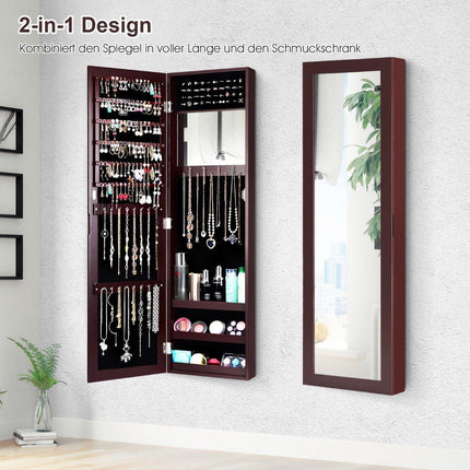 Jewelry cabinet with full-length mirror and built-in brown makeup mirror