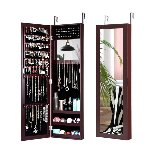 Jewelry cabinet with full-length mirror and built-in brown makeup mirror
