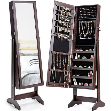 Jewelry cabinet with full-length mirror, freestanding jewelry stand, 41 x 36.5 x 146 cm, brown