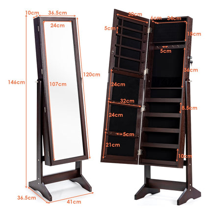 Jewelry cabinet with full-length mirror, freestanding jewelry stand, 41 x 36.5 x 146 cm, brown