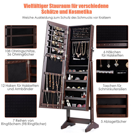 Jewelry cabinet with full-length mirror, freestanding jewelry stand, 41 x 36.5 x 146 cm, brown
