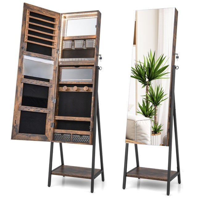 Jewelry cabinet with mirror & 3-color LED lighting 41.5 x 37 x 157 cm Rustic brown