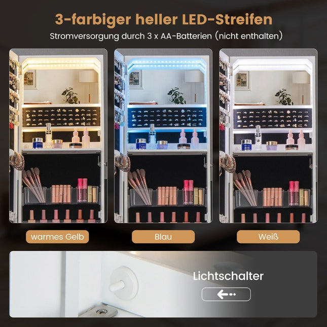 Jewelry cabinet with mirror Mirror cabinet lockable with 3 colored LED lights 41 x 35 x 166 cm white