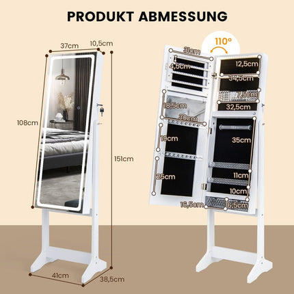 Jewelry cabinet with mirror &amp; 3-color LED lighting mirror cabinet jewelry shelf white