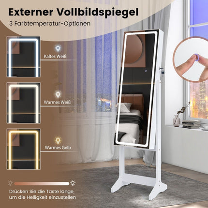 Jewelry cabinet with mirror &amp; 3-color LED lighting mirror cabinet jewelry shelf white