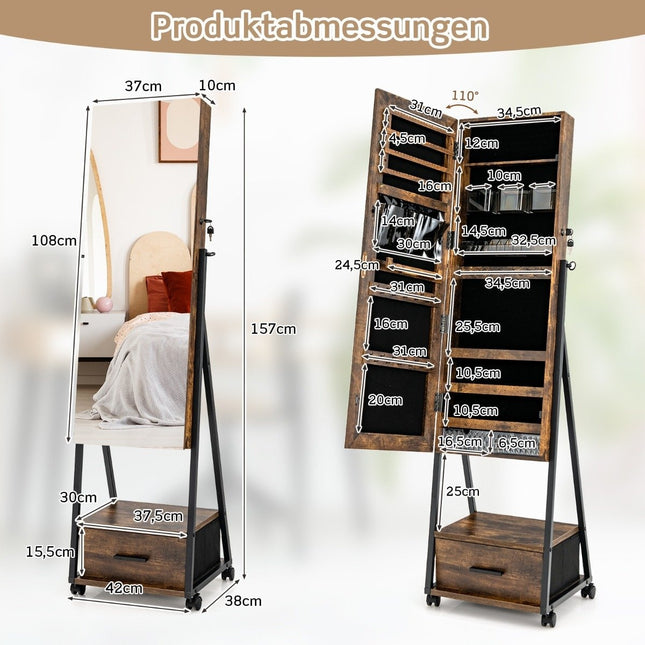 Jewelry cabinet with mirror & drawer Jewelry mirror cabinet on wheels brown