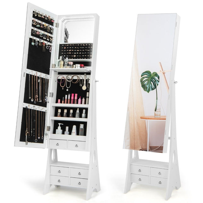 Jewelry cabinet with mirror & lighting Jewelry mirror cabinet with drawers and folding shelf white