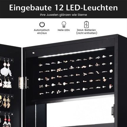 Jewelry cabinet with mirror & lined shelves, hooks & compartments, cosmetic cabinet, black