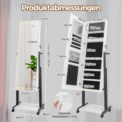 Jewelry cabinet with wheels 4 in 1 mirror cabinet with 3-color LED lights & adjustable height white