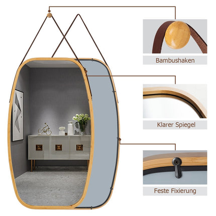 Jewelry mirror with bamboo frame and adjustable leather strap 77 x 44 x 1.5 cm