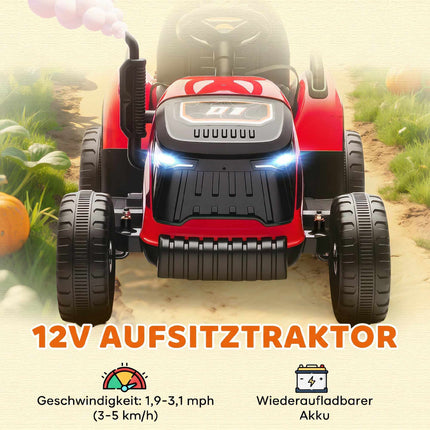 Kids 12V Electric Ride-On Tractor With Remote, Trailer, Red