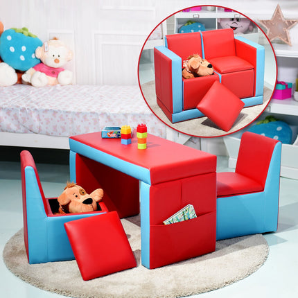 Kids 2-In-1 Sofa Set, Storage, Wooden Frame, Red