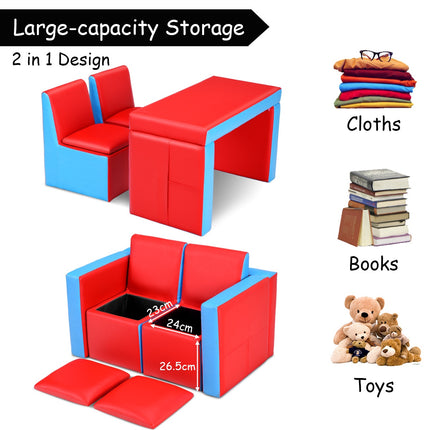 Kids 2-In-1 Sofa Set, Storage, Wooden Frame, Red