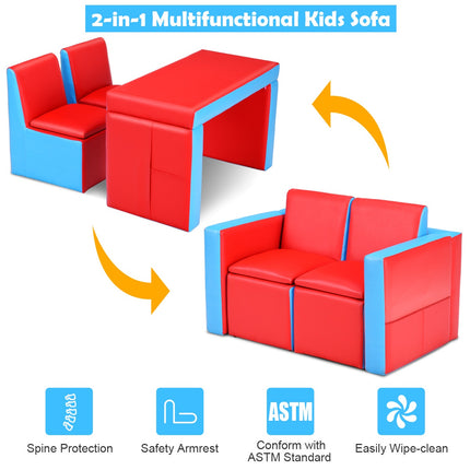 Kids 2-In-1 Sofa Set, Storage, Wooden Frame, Red