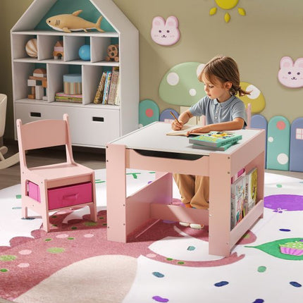 Kids Activity Table Set, 2 Chairs, Reversible Chalkboard-Whiteboard