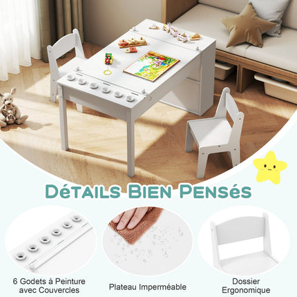 Kids Art Table and 2 Chairs, Adjustable Easel, Paper Roll