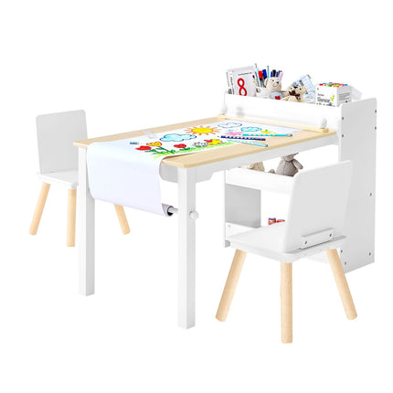 Kids Art Table and 2 Chairs with Storage Cabinet, Wood